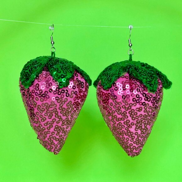DiscoFruits Plush Sparkly Sequin Statement Disco Strawberry Earrings Pink Green - Picture 2 of 5